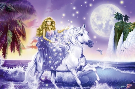 PRINCESS OF THE OCEAN - moon, cg, female, princess, ocean, stars, horse, sky