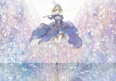 Saber - saber, bonnou-s-rice, anime, dress, reflection, long hair, ahoge, ribbon, weapon, hair ribbon, blue eyes, sword, blonde hair, flower, petals, pixiv id 2092703, fate stay night, excalibur