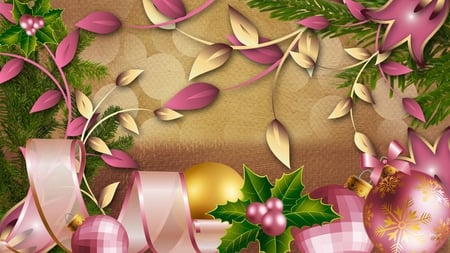 Holiday Surprise - winter, holly, gold, pink, firefox persona, leaves, christmas, ribbon, decorations