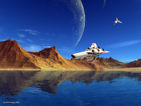 battlestar galactica - moon, clouds, water, blue sky, mountains, fighters