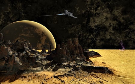 distant traveller - moon, ship, planet, rock formations