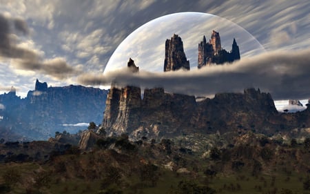 alien world - trees, rock formations, clouds, planet, cliffs