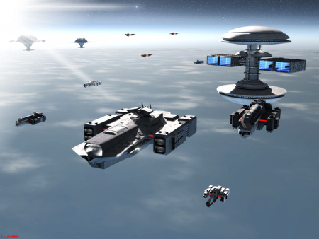 departing - clouds, ships, blue sky, sky cities, sun