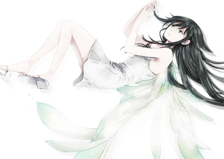 Saya no Uta - hitaki azami, sandals, anime, dress, sundress, green eyes, long hair, pixiv id 1652241, white dress, saya, saya no uta, wings, black hair, ribbon