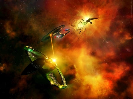 one down one to go - starship, explosion, firing, romulan warbirds, nebula