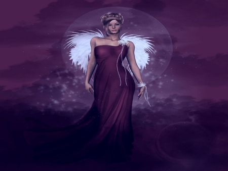 ANGEL OF THE NIGHT - moon, mauve, stars, angel, female, night, wings, dress