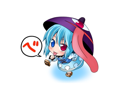 Chibi Kogasa - parasol, shrine maiden project, tongue, chibi, tatara kogasa, anime girl, white, blue hair, touhou, karasaka, umbrella, anime, kasa-obake