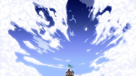 Sanae Kochiya - sky, shrine maiden project, sanae kochiya, blue sky, wonderful, touhou, clouds, blue, anime, fantastic