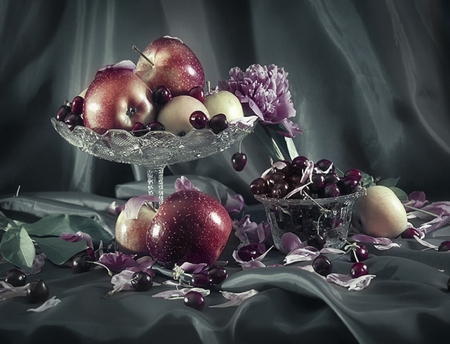 Fruit still life. - bowl, cherry, fruit, apple, still life