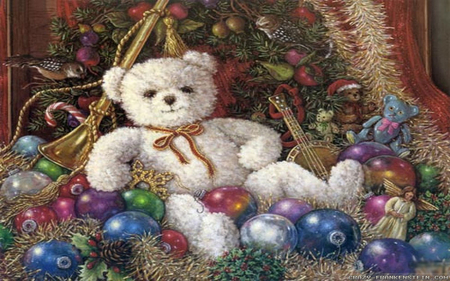 WHITE CHRISTMAS - teddy, bear, christmas, bulbs