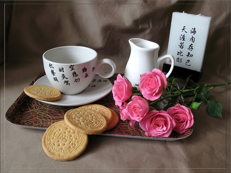 Time for a cup of tea. - sign, tea, flower, still life, jug, cookie, tray, rose, cup, biscuit