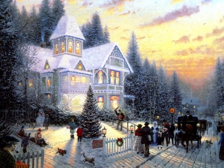 Winter season - painting, nature, art, snow, winter, tree, house, sunset