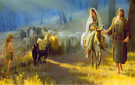 On the way to Bethlehem - bethlehem, donkey, mary, children, joseph, shepards