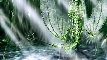 Crystal Thirst - thirst, freaky, forest, upside down, cool, glow, fantasy, graceful, dragon, dart, green, wings, tongue