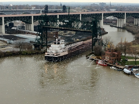 Ore Boat on the Cuyahoga River - cleveland ohio, cuyahoga river, bridges, gulls, ore boat