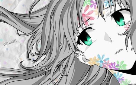 Flower Child - canaan, anime, female, colour, green eyes, flower, grayscale