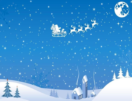 Christmas Eve - santa, moon, house, reindeer, snow