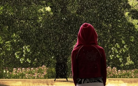 Lovely Drizzle - nature, red, rain, girl, lovely, drizzle, tree