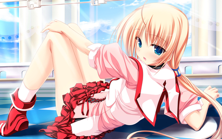 Anime Girl - clothes, anime, clothing, blue, eyes, blonde, pink, red, hd, sky, skirt, girl, hair, white, cute, background, outfit, sexy, wallpaper