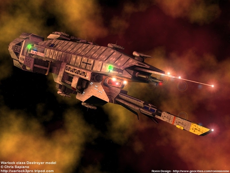 warlock class destroyer - red, starship, nebula, light, green