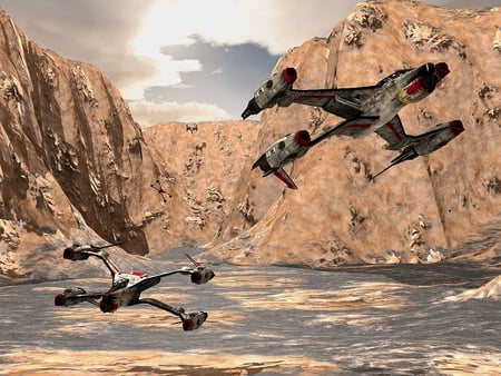 low flying - fighters, sun, cliffs, clouds