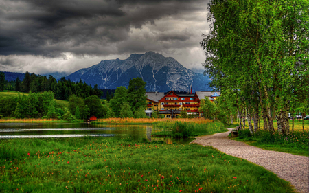 Lovely View - pretty, flowers, path, bench, way, house, road, beauty, architecture, ccolors, nature, green, alley, amazing, splendor, landscape, grass, leaves, view, lake, houses, sky, clouds, storm, trees, water, beautiful, stormy, lovely, tree, colorful, mountains, peaceful