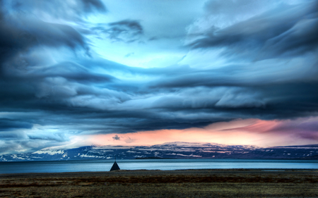 Beautiful Sky - hills, blue, amazing, splendor, landscape, snow, sunrise, pink, view, lake, sky, clouds, water, beautiful, sea, beauty, colors, lovely, iceland, tent, nature, sunset, cold, mountains, peaceful