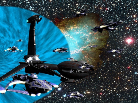 fleet - starships, wormhole, stars, fighters, nebula