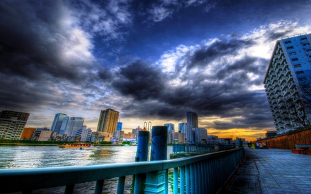 CITY - clouds, river, city, buildings, hdr