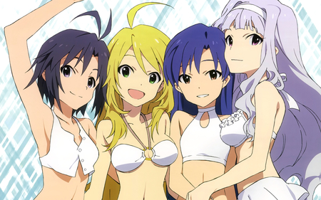 Idolmaster - blue hair, green eyes, blonde hair, bikini, long hair, purple hair, short hair, black eyes