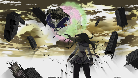 Maho shoujo madoka magica - city, long hair, black hair, dress