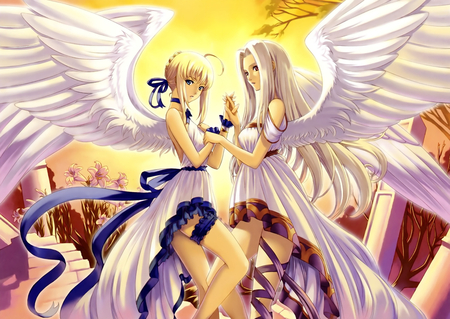 Fate/Zero's Angels - irisviel von einzbern, flowers, anime, sun, blue, wings, ribbon, female, sunset, sbaer, angel