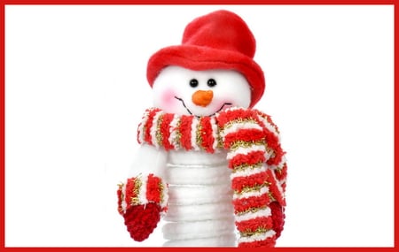 Keeping warm - red and white, hat, smile, scarf, snowman, snow