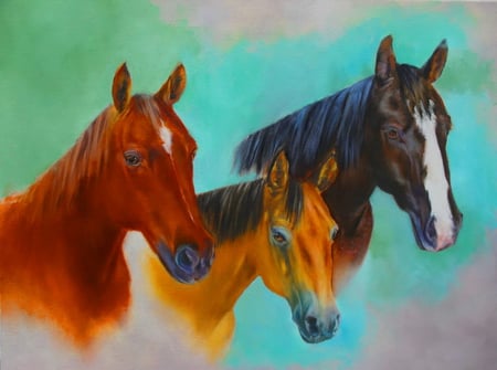 Trio for Betty - three, horses, painting, brown, red, black and white