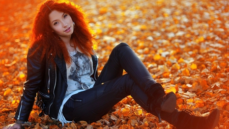 Auburn Hair - pretty, beautiful, autumn, model, girl, auburn, foliage, hair