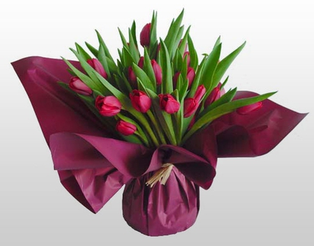 Lovely tulips - sweetness, red tulips, beautiful, beauty, bouquet, leaves, flowers, tulips, red, green, cute, paper