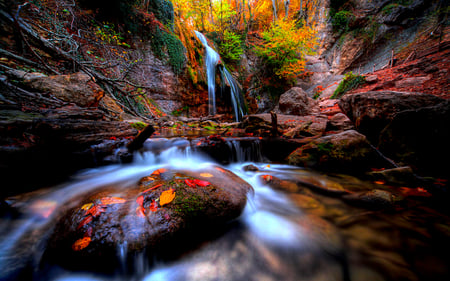 Autumn Splendor - beauty, autumn, trees, peaceful, water, stream, colorful, autumn leaves, waterfall, rocks, fall, view, pretty, river, tree, autumn splendor, lovely, nature, autumn colors, woods, forest, beautiful, leaves, splendor, stones, colors