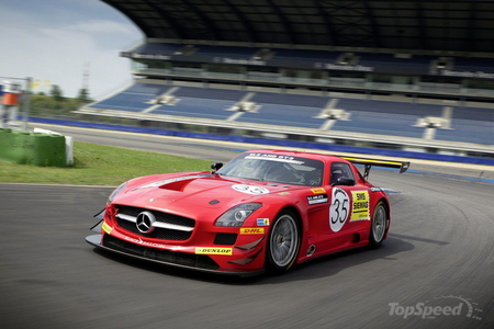 mercedes sls race car - silver alloys, yellow, red, two seater, front engine, race track, race modified