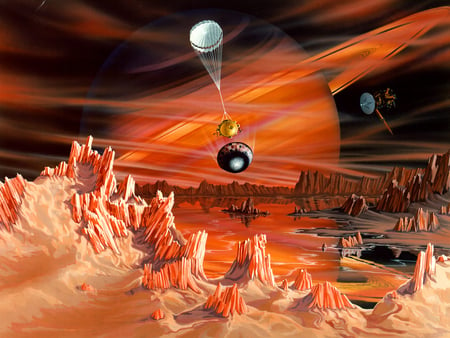 exploring titan - moon, rock formations, probe, saturn, parachute, sa