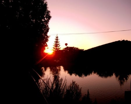 Sunset Lake - lake, dark, forest, red, sunset