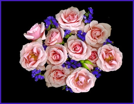 For Deborah - blue flowers, roses, pink, flowers, bouquet, black