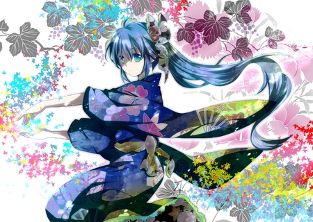 Hatsune Miku - aqua, music, anime girl, white, amazing, art, purple, cool, aqua eyes, kimono, artistic, hatsune miku, song, stunning, vocaloids, program, vocaloid, pink, beautiful, uniform, diva, beauty, nice, twintail, singer, traditional, aqua hair, black, virtual, pretty, idol, anime, miku, cute, twin tail, girl, culture, cg, hatsune, red, blue, awesome, flowers, digital, gray, outfit