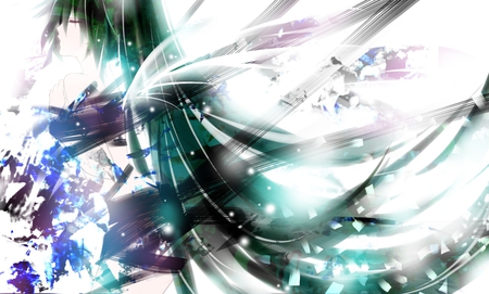 Hatsune Miku - aqua, music, anime girl, white, art, amazing, cool, petals, artistic, hatsune miku, light, song, stunning, vocaloids, glow, program, vocaloid, beautiful, pink, uniform, diva, nice, beauty, twintail, singer, black, virtual, pretty, idol, anime, miku, cute, twin tail, girl, cg, hatsune, blue, digital, awesome, flower, outfit