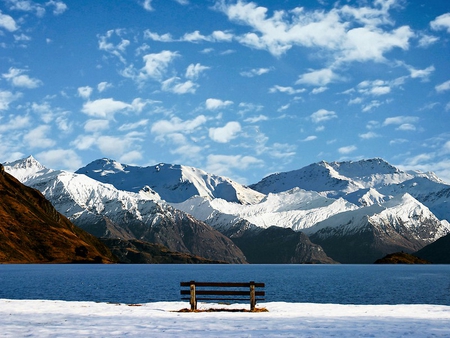 A lonely winter bench - sky, lonely, mountain, sun, winter, bench