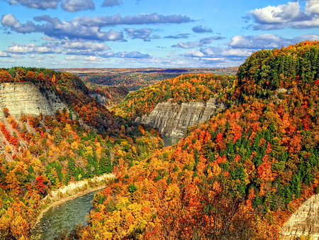 Beautiful autumn view - trees, water, high, beautiful, fall, autumn, view, sky, rocks