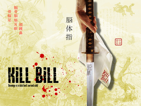 kill bill - blood, hankychief, hand, sword, writing