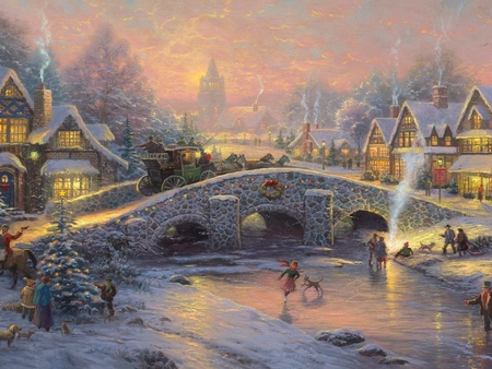 Christmas scene - christmas, river, sunset, oil, bridge