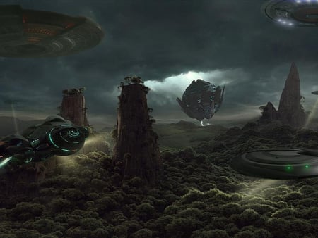 invasion - search light, trees, rock formation, clouds, starships