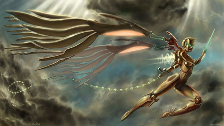 cyber angel - clouds, warrior, hot, sword, angel, dark, 1080p, wings, hd, sky