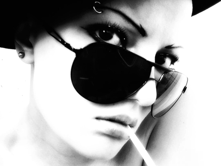 beautiful (b&w) - woman, special, beauty, eyes, photography, sunglasses, black and white, scratched, face, cigarette, photoshop, beautiful